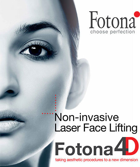 Anúncio da Fotona promovendo um procedimento de lifting facial a laser não invasivo. O material publicitário destaca o conceito 'Fotona4D', que eleva os tratamentos estéticos a um novo nível, enfatizando a perfeição e inovação tecnológica da marca