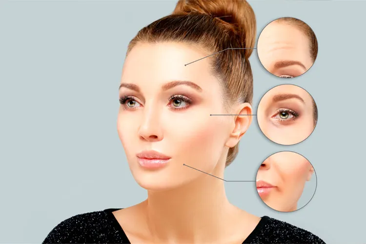 A imagem mostra o rosto de uma pessoa com três ampliamentos destacados, cada um focando em diferentes regiões faciais. Os detalhes enfatizam as sobrancelhas, os olhos e os lábios, possivelmente para demonstrar características estéticas ou efeitos de tratamentos cosméticos.