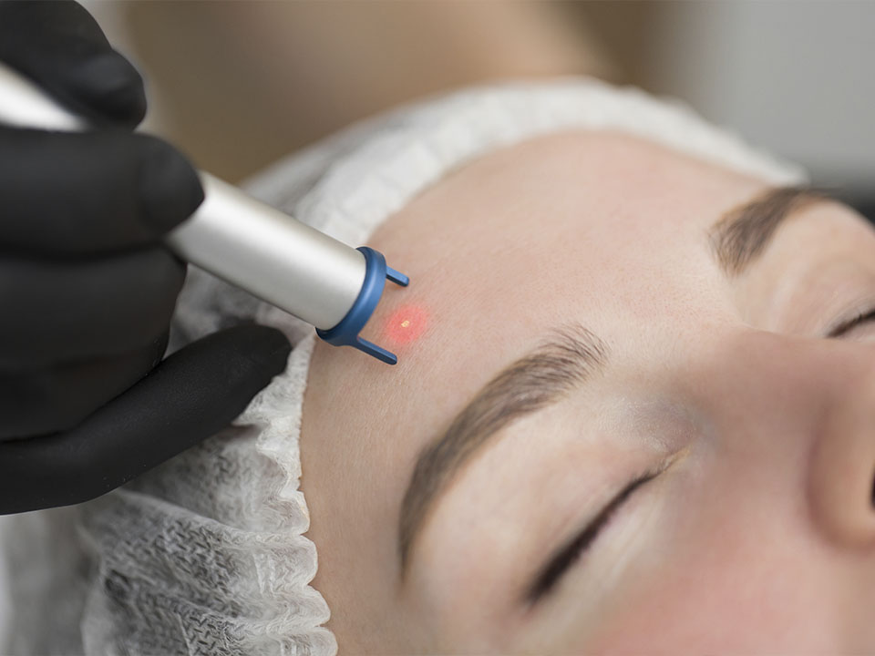 A imagem mostra um close-up de uma pessoa recebendo um tratamento a laser na pele. Uma mão com luvas segura um dispositivo que emite uma luz vermelha sobre a área tratada. A pessoa parece estar usando uma touca de proteção, indicando um procedimento clínico ou estético, possivelmente para rejuvenescimento da pele, remoção de pelos ou eliminação de tatuagens.