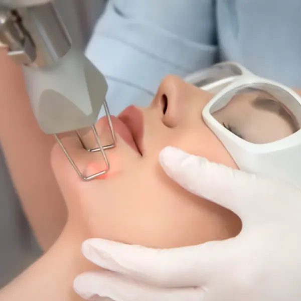 A imagem mostra um close-up de uma pessoa passando por um tratamento estético ou dermatológico com um dispositivo a laser. A pessoa usa óculos de proteção enquanto uma mão com luvas segura seu rosto, permitindo a aplicação do laser na região próxima aos lábios. O procedimento pode estar relacionado a tratamentos para rejuvenescimento da pele, remoção de manchas ou depilação a laser.