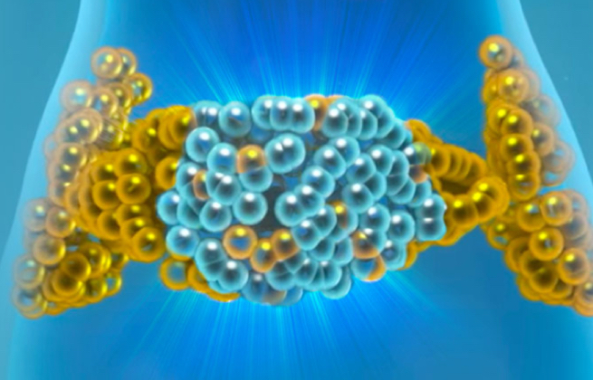 "Representação visual de uma estrutura molecular, composta por esferas azuis agrupadas no centro e esferas amarelas distribuídas ao redor. O fundo apresenta um gradiente de tons azuis, com raios de luz emanando do núcleo, conferindo um aspecto dinâmico e vibrante à composição. A imagem remete a conceitos científicos, possivelmente relacionados a processos bioquímicos ou físicos, como o da criolipolise